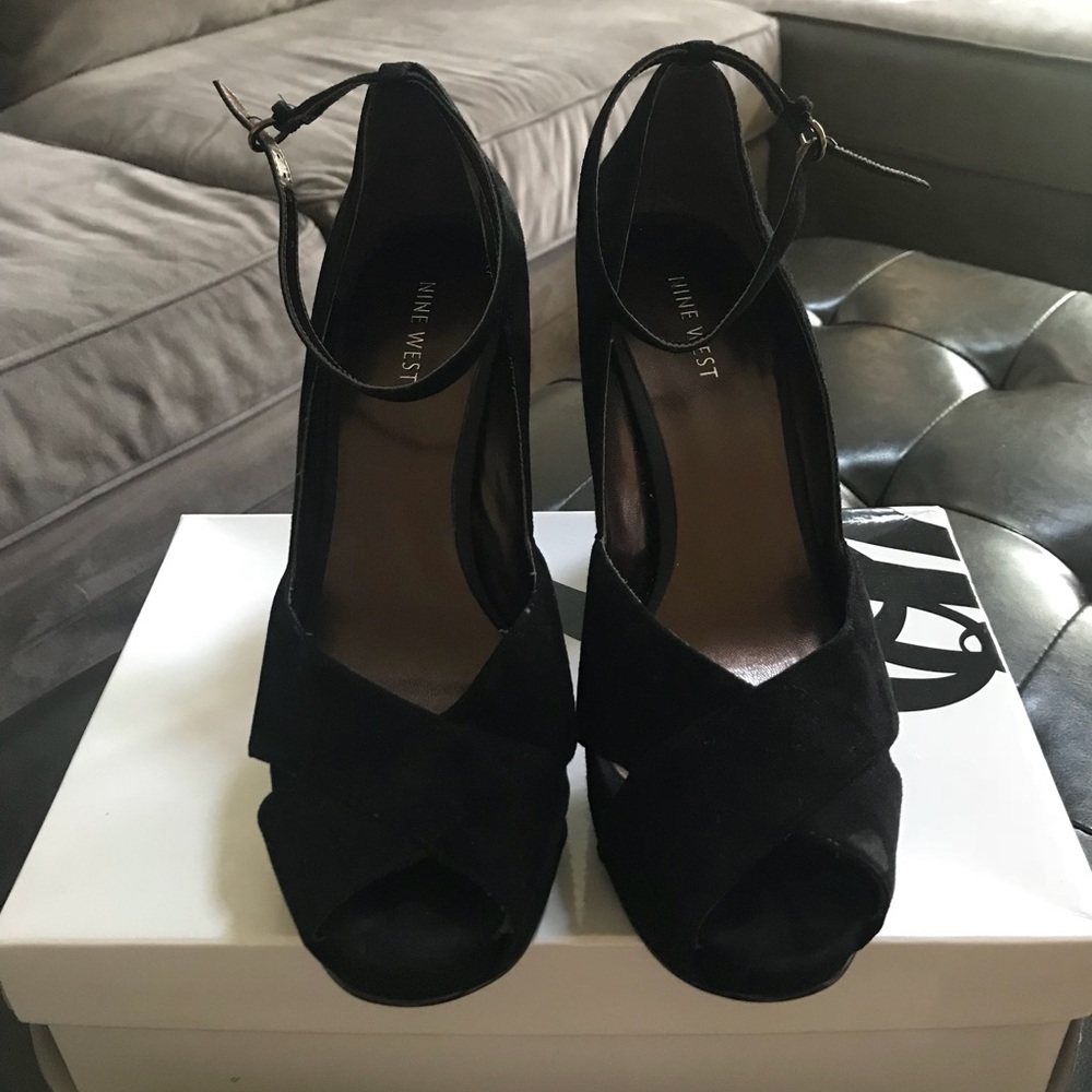 Black suede peep toe platform heels